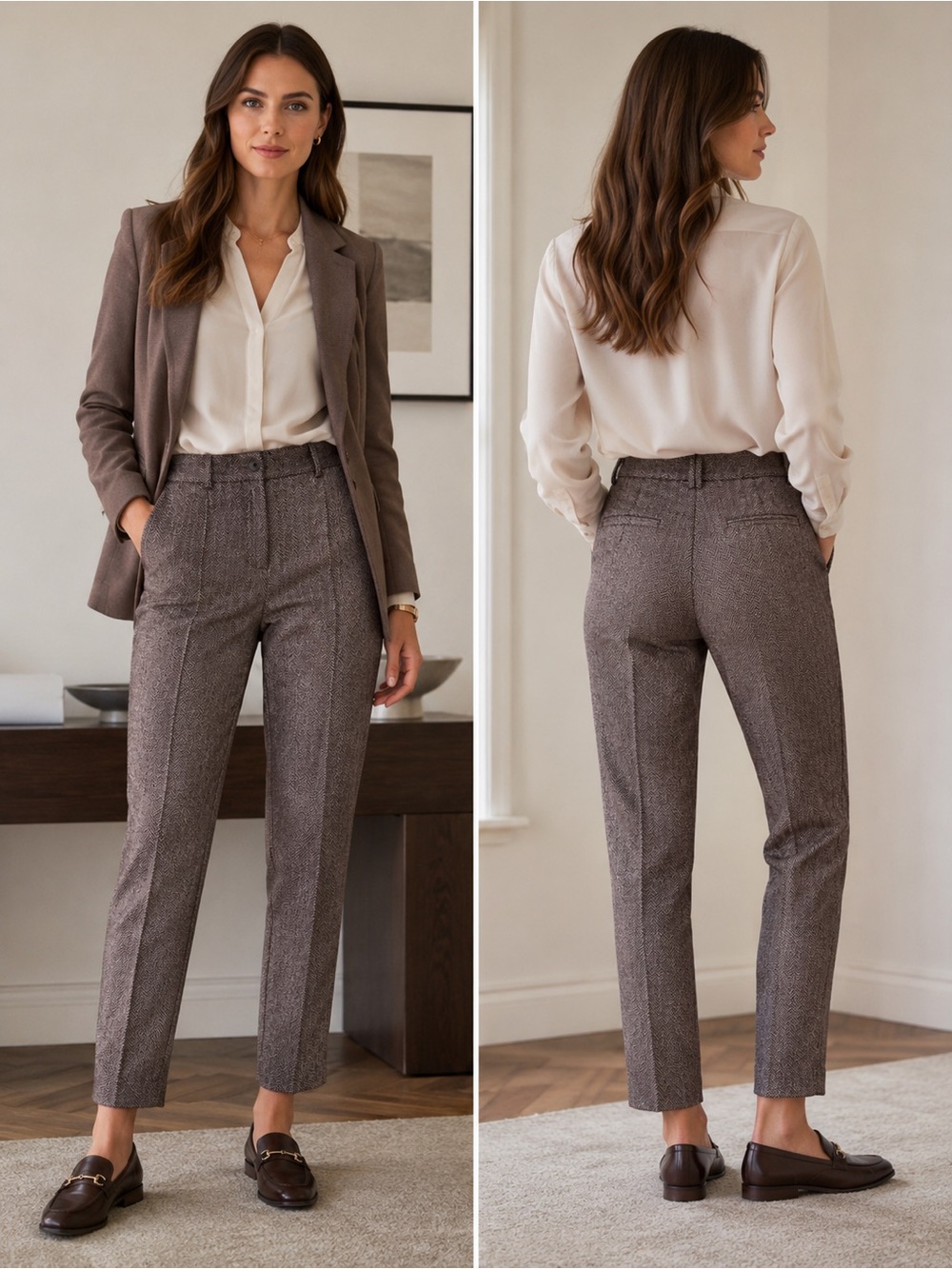 L.L.Bean Petite Herringbone Pleated Trouser Pants Preppy Classic